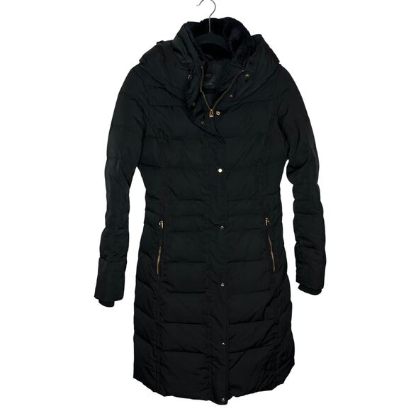 Zara Size Small Black Feather Down filled Puffer Coat Snap and Zip Front Hooded - Picture 2 of 10